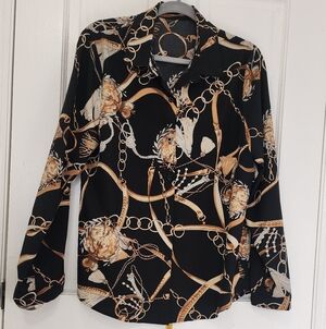 SHEIN Black and Gold Chain Print Button Down Shirt